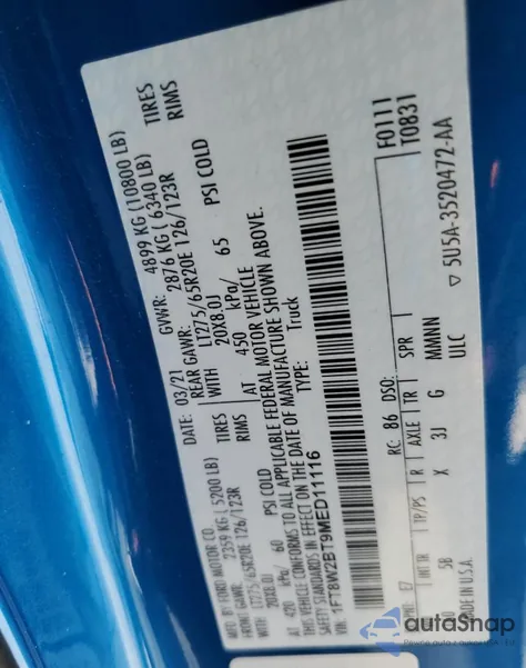 2021 Ford F250 Super Duty from USA, damaged, VIN 1FT8W2BT9MED11116